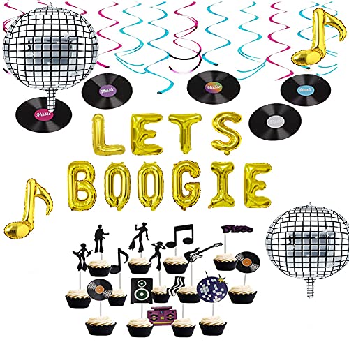 Disco Party Decorations, Lets Boogie Balloons Banner for 70's 80's Disco Themed Birthday Party Supplies Kit Music Theme Banner, Disco Ball, Music Foil Balloon, Disco Cupcake Topper for Disco Party