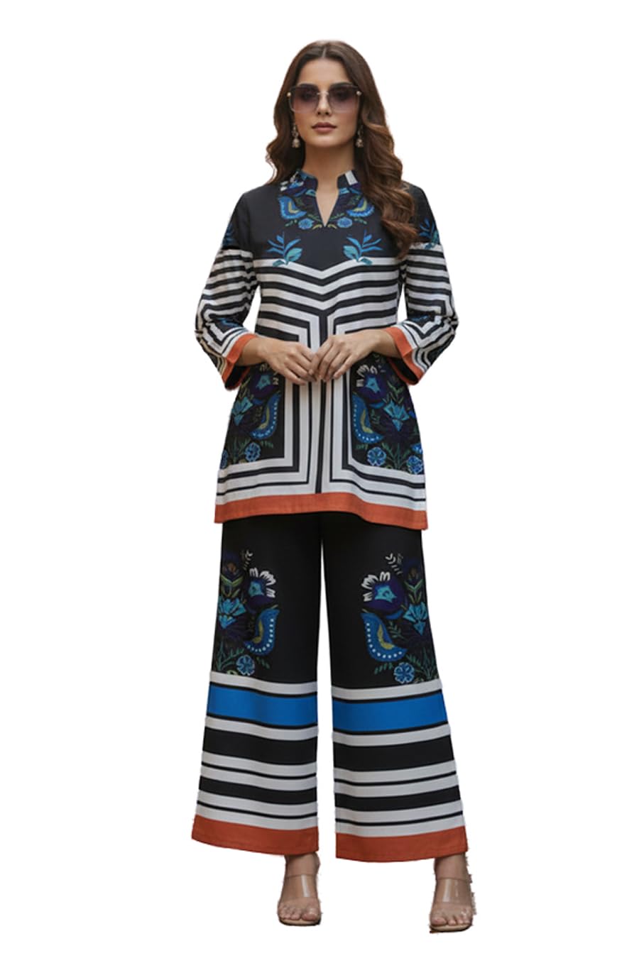 Women's Stylish Cord Set, Black and Blue Digital Print Tunic with Striped Palazzo Pants, Co-Ordinate Outfit For Women's-picture-26