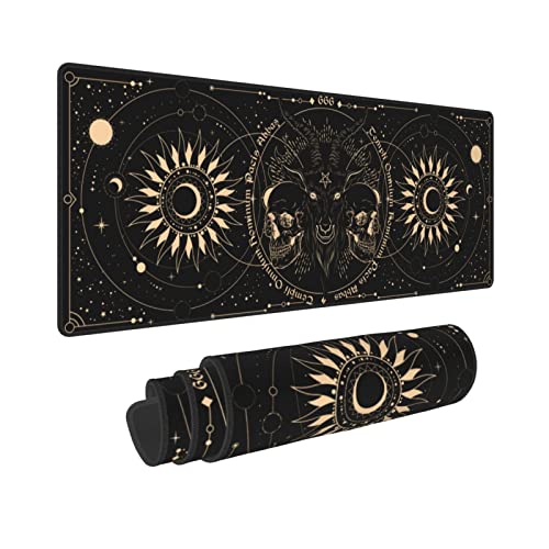 Tapis de souris gothique en forme de tête de mort et de lune - Grand tapis de souris de jeu XL - Bords cousus - 80 x 30 cm