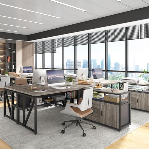 Image of Tribesigns L Shaped Desk with Drawer Cabinet, 63 inch Executive Computer Desk and lateral File Cabinet, 2 Piece Home Office Furniture with Drawers for Hanging File, Doors with Locks (Gray, 63 inches)