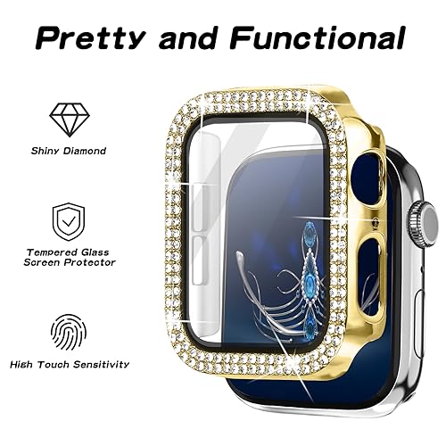 Magnetic Band Compatible with Apple Watch 38mm 40mm 41mm 42mm 44mm 45mm 46mm Stainless Steel Metal Strap with Bling Case and Built-in Screen Protector, Dressy Milanese Loop iWatch Bands for Women