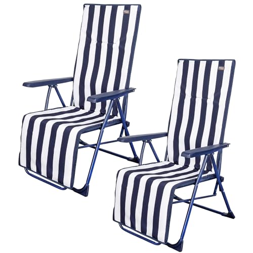 AKTIVE Pack 2 tumbonas Plegables Rayas marineras, 147 x 48 x 70 cm, Estructura Acero Ø22 mm, Asiento Acolchado terileno con Esponja, Reclinables 5 Posiciones, con reposabrazos y reposapiés (85510)