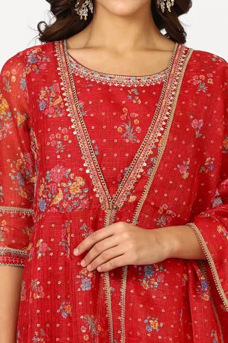 Image of W for Woman Women's Polyester Crimson Red Embroidered Flared Kota, Straight Kurta and Pant with Dupatta Set