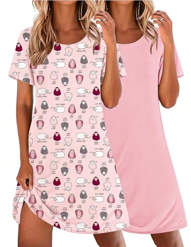 Image of Ekouaer 2 Pack Nightgowns for Women Sleepshirt Short Sleeve Night Shirts