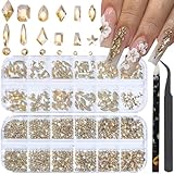 HNUIX Nail Rhinestones - 3D Multi Shape Size Crystal, Champagne Gold Nail Gems, Flat Back, with Kit, for Nail Art, DIY Decorations