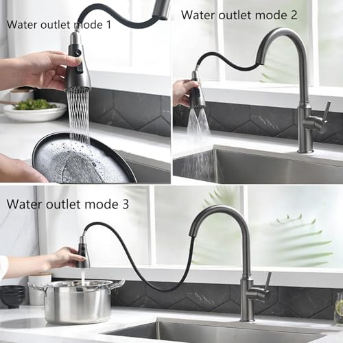Robinet de cuisine extensible gris en laiton avec douchette 3 modes jet