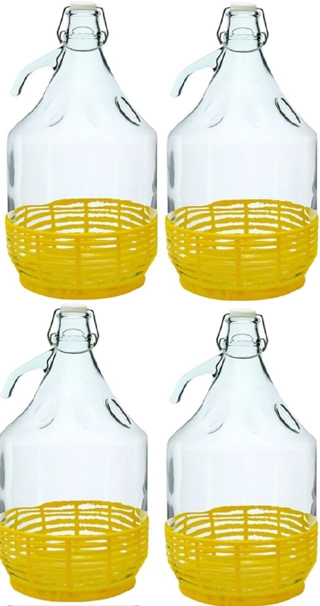 4 Dame Fermentatore Fiasco in Vetro Palloncini da 5 l con Chiusura a Gancio e Cestino in plastica - Damigiana 5 L con Tappo ermetico a Leva