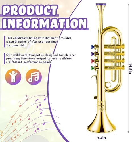 Lewtemi Gold Trumpet Musical Instruments Toy for Kid Toddler Fake Plastic Preschool Music Toy Gift Non-Professional Wind Instrument Early Educational Teaching Songs Gifts for Toddlers Children - Image 3