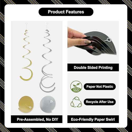 Image of HonuGoGo 48-Piece Paper Swirl Party Decorations for Ceiling, Black Gold Silver Satin-Look Single & Double Hanging Spirals, for Graduation, Birthday, Wedding, New Year, Bachelorette, Corporate Events
