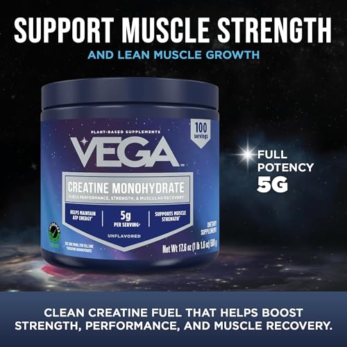 Image of Vega Micronized Creatine Monohydrate Powder, Unflavored - 5g Pure Vegan Creatine for Men & Women, Strength, Performance & Muscle Growth, 100 Servings (17.6 oz) (Pack of 2)