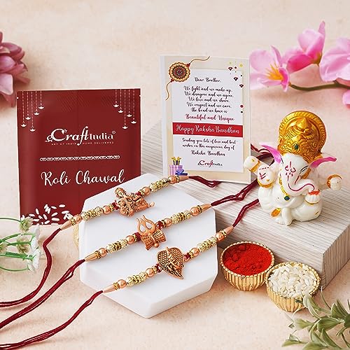Image of eCraftIndia Rakhi Gift for Brother | Golden & White Beads Pearl Diamond Designer Bhaiya Bhabhi Rakhi Set