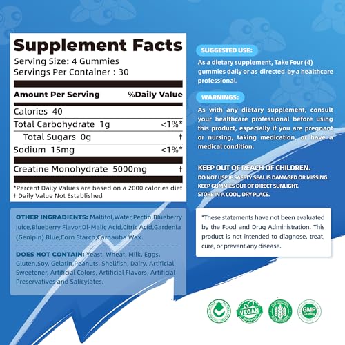 Image of NSF Certified Creatine Gummy - Creatine Monohydrate Gummies 5000mg for Men & Women -120 Gummies Advanced Formula, Muscle Strength, Muscle Builder, Energy Boost, Pre-Workout Supplement-Blueberry