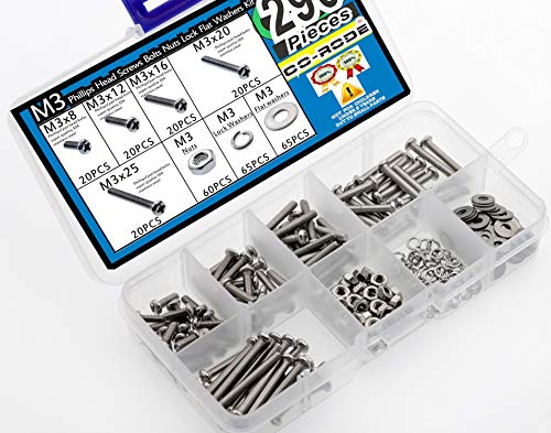 290pcs M3 Phillips Pan Head Screws Bolts Nuts Lock Flat Washers Assortment Kit (M3,304 Stainless Steel) - Thumbnail 3