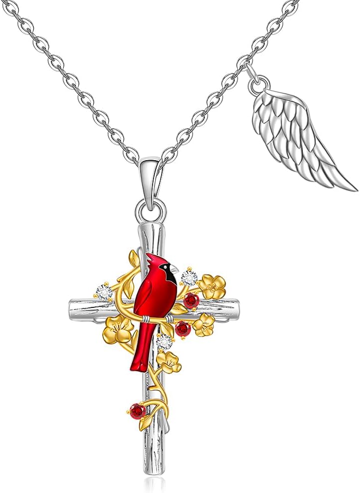 Fenthring Red Cardinal Gifts Cardinal Necklaces for Women Sterling Silver Cross Heart Angel Wing Necklace Memorial Bird Christmas Jewelry for Lloss of Loved One