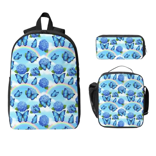 Backpack For Unisex With Lunch Box Pencil Case (for Blue Butterflies Rainbow)2