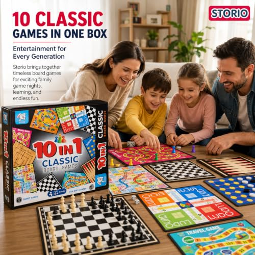 Image of Storio 10-in-1 Classic Board Games for Kids 5+ Years | Chess, Ludo, Snakes & Ladders, Checkers, Backgammon & More | Family Board Game Set with Dice & Pawns | Educational Indoor Game for Boys & Girls