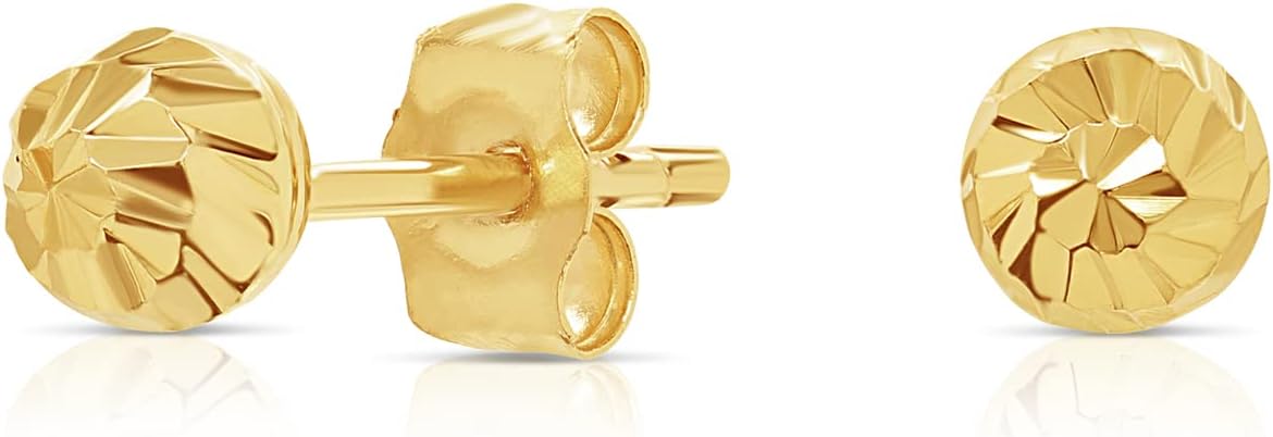 14K Yellow Gold Diamond-cut Ball Stud Earrings with Spiral Hand Engraving, Secure Push-Backing