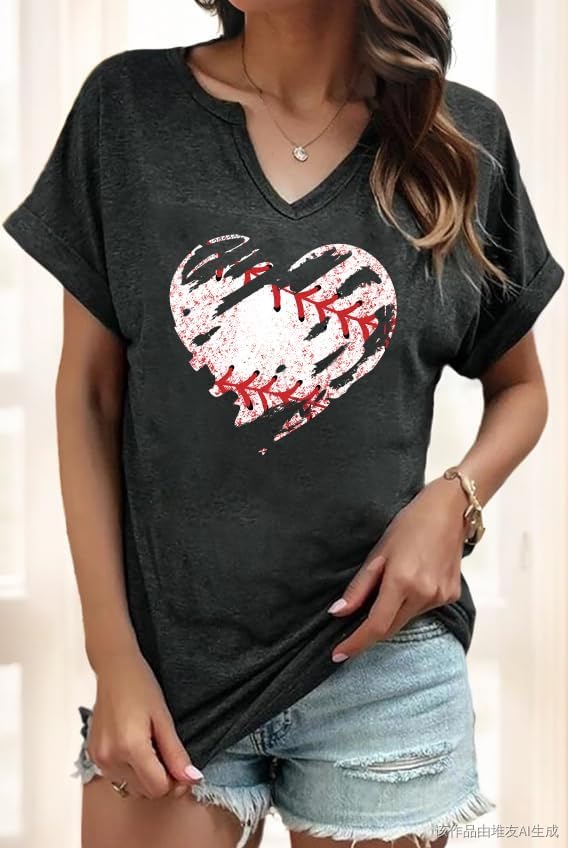 Baseball Mama Shirt Baseball Mom Tshirt Game Day V-Neck Short Sleeve Cheer Mom Heart Graphic Tees - Image 3