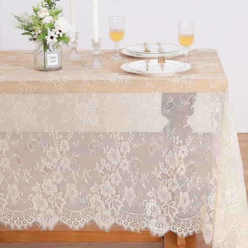 BrillShine Nappe rectangulaire en dentelle ivoire brodée vintage pour mariage, fête, réception, décoration d'intérieur, 150 x 300 cm