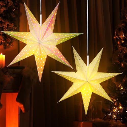 Mudder 2 Pcs Paper Lantern Christmas Decoration 19.7 Inch 7 Point Large Star Lantern With Light String - Laser Pink and White Hollow out Hanging Lampshade for Xmas Home Party Decor