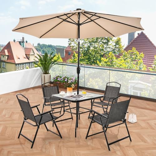 GIANTEX Ensemble de salle à manger de patio 5 pièces, Mobilier Exterieur, Chaises pliantes et table en plateau de verre avec trou pour parasol, Table de structure en métal pour terrasse, jardin – Image 3
