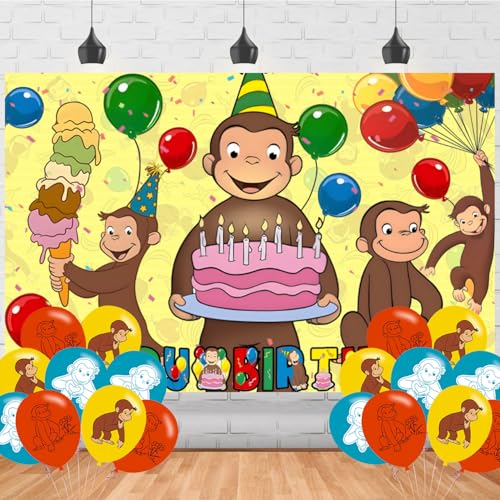 Image of George of Curious Birthday Party Decorations Banner Backdrop - Cartoon Monkey Themed Banner Party Supplies for Kids Fans, Happy Birthday Photography Background Wall Decor 5 * 3 Ft