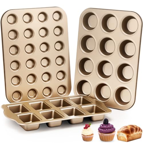 Honeydak 3 Pack Mini Muffin Pan Cupcake Baking Pan 8 cavity,12 cup and 24 cup Nonstick Round Muffin Tin Baking Tray Set for Brownie, Carbon Steel(Gold)(Gold)