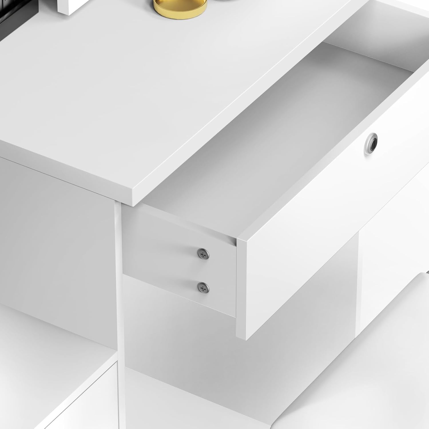Sliding Mirror Vanity Desk, LED Lighted Dressing Table with 4 Drawers and Hidden Storage Shelves, Teen Makeup Vanity Desk with Cushioned Stool, Small Vanity Desk White