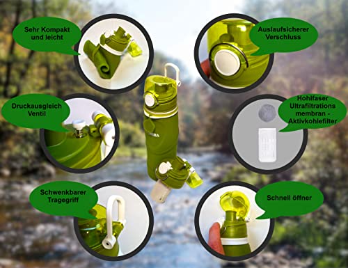 MIRA 750ml Faltbare Wasser Filter Flasche - Wasser Filter fürs Wandern, Camping, Survival und Reisen (750ml - Grün) - Image 5