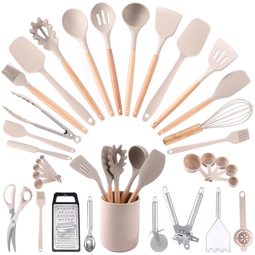 HOMEWAVE 34PC Kitchen Utensils Set - Silicone Cooking Utensils with Wooden Handles - Heat-Resistant - Nonstick Cookware Safe - Complete Set for Every Kitchen