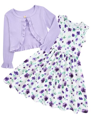 5T 6T Dresses for Girls Floral Cotton Long Sleeve Dresss Size 4 5 Casual Ruffle Cardigan Shrug Set Daughter Toddler Formal Fall Winter 2 Piece Clothes for Holiday