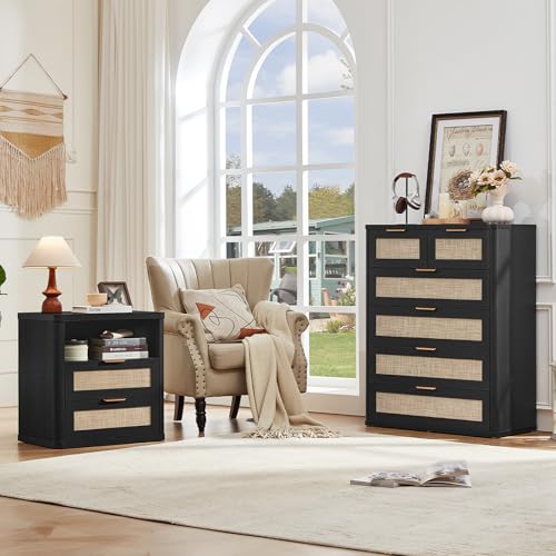 Image of LEYAOYAO Rattan Dresser for Bedroom Set of 2, 42 inch Tall Chest of Drawers, Modern 6 Drawers Boho Dressers with Storage, Light Oak Dresser Wooden Closet Organizer for Living Room, Hallway, Black