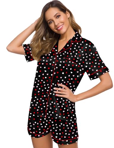 Image of SWOMOG Womens Silk Satin Pajamas Set Short Sleeve Sleepwear Button Down Top and Shorts Loungewear 2 Piece Pjs Set XS-3XL Heart Collage XX-Large