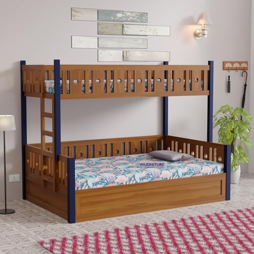 Image of Wudniture Solid Sheesham Wood Bunk Bed for Kids and Adults with Storage 6x4 feet Lower Bed and 6x3 feet Upper Bed (Brown and Blue)