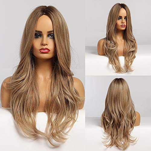 Long Curly Blonde Wig for Women HAIRCUBE Ombre Middle Part Wig Naturally Look Synthetic Wigs Daily
