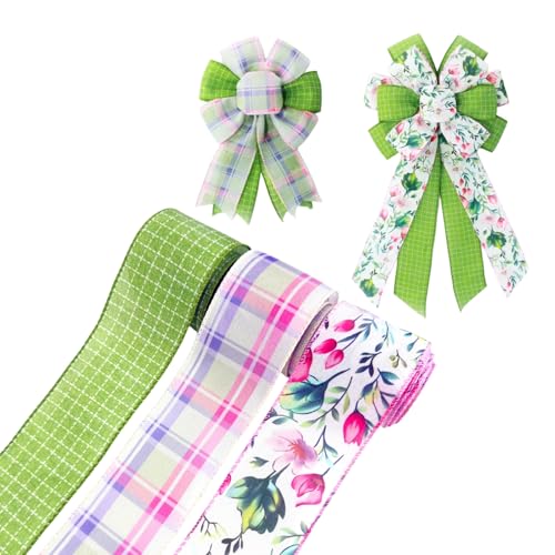 Spring Summer Floral Wired Ribbon Green Grid Pink Plaid Floral Pattern Craft Ribbon for Wreath Bow Making DIY Crafts Gift Wrapping Party Decorations 3 Rolls 2.5Inch 15 Yards (Green)