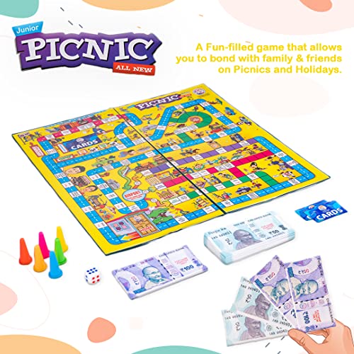 Image of Ratna's Picnic Junior Board Game for Family, with Pegs, Dice, Cards and Game Money, Educational Games for Kids Age 5+ Years