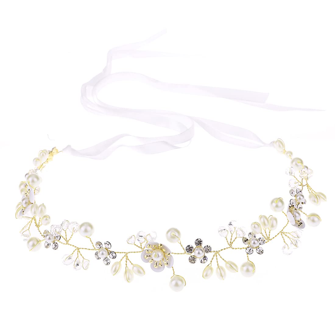 VOLLGUFEN Diadema de flores de perlas de cristal, diadema nupcial para el cabello, tiara, accesorios para el cabello, joyería para mujeres y niñas (dorado)