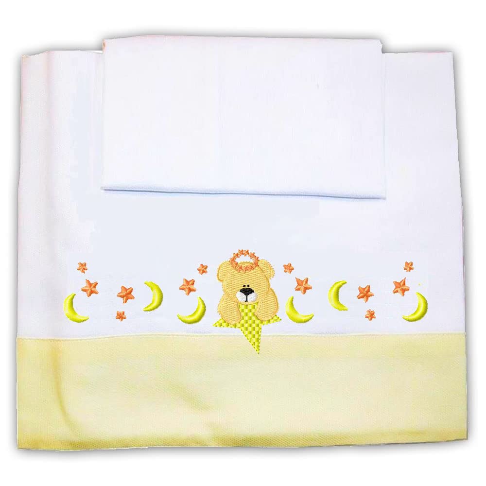 Zigozago - Set 3 pz Lenzuola in Piquet di cotone per Culla o Carrozzina con Ricamo Orso e Stelle | Colore Giallo | Federa, Lenzuolo e Coprimaterasso con Elastico | Misure 90x73 cm | Fatto a Mano