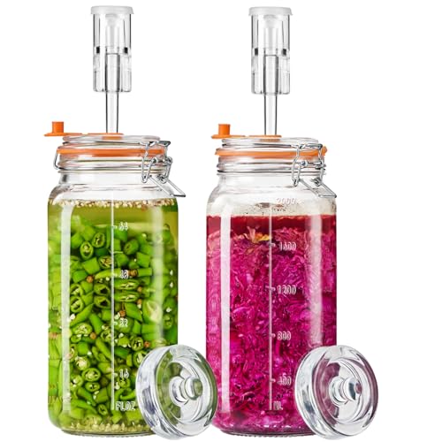Glolaurge Fermentiergläser je 2 L Glas-Fermentierset mit Airlock und Gewichten für Sauerkraut Kimchi Pickles Met Cider & mehr 2er-Set