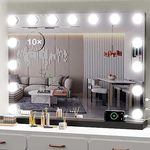 DEXHOM Make-upspiegel met make-upverlichting, tafelspiegel van 57,9 x 46,2 cm met USB & Type-C opladen, grote Hollywood-oplichtspiegels met 15 LED-lampen voor slaapkamer, tafelblad en wandmontage