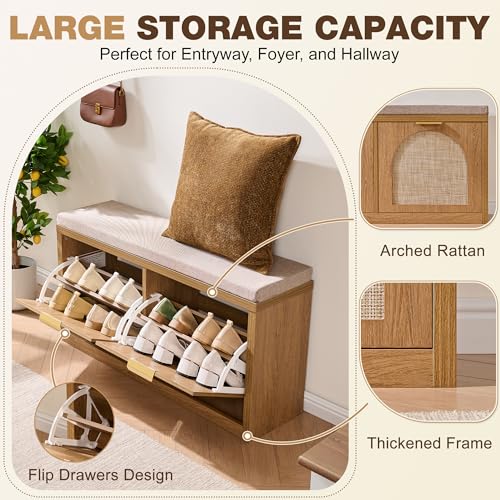 Rattan-Narrow-Entryway-Bench-with-Shoe-Storage-2-Flip-Drawers-Coat-Rack-Mid-Century-Modern-Wood-Shoe-Cabinet-with-Seat-Cushion-for-FoyerHallway-Rustic-Oak-Rattan
