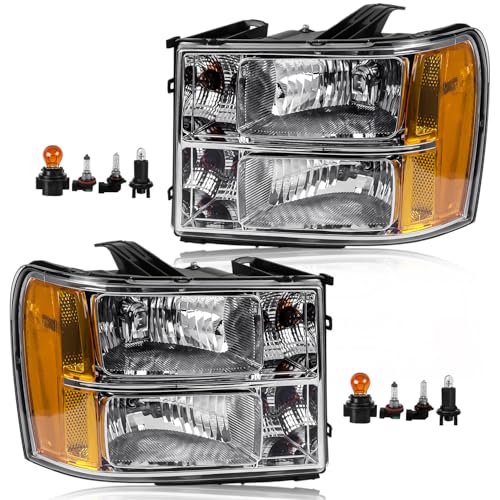 Headlight Assembly Compatible with GMC Sierra 2007-2013 Halogen Head lamp, OE-Style Headlamp Replacement for 22853029 22853030 GM2502283 GM2503283, Bulbs Included, Chrome Housing Amber Reflector