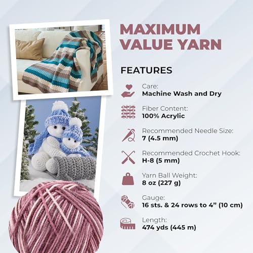 Image of Mary Maxim Maximum Value Acrylic Yarn for Crocheting and Knitting, Soft Worsted Weight Pink Yarn 4, Ideal for Blankets, Sweaters, Hats, and Scarves, 8 oz Skein (474 Yds), Rose Ombre - 1 Skein