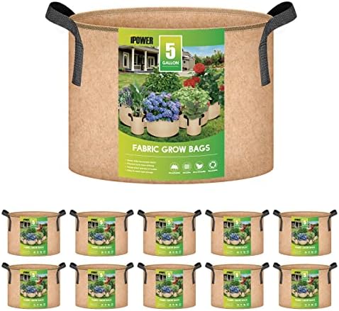 iPower Plant Grow Bags 5 Gallon 10-Pack Tan Heavy Duty Thickened Nonwoven Aeration Fabric Pots Durable Container with Strap Handles, Gardening & Planting Fruit