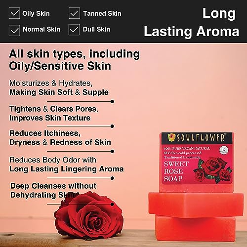 Image of Soulflower Sweet Rose Soap Handmade, 100% Pure, Natural & Cold processed Grade 1 BIS Standard Premium & Luxurious Soap with Essential Oils, Exotic Herbs & Aroma, 150g