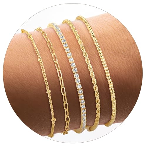 Gold Bracelets for Women, Dainty 14K Gold Plated Bracelet Stack Tennis Thin Bracelets, Trendy Stackable Bracelets, Golden Jewelry Set Link Bracelet Pack, Fashion Jewelry Pack for Women2