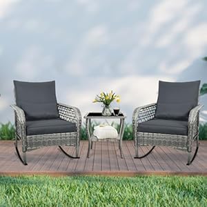 3-Piece Patio Furniture Set,Outdoor Rocking Chairs Set of 2, Patio Conversation Set with 2 Wicker Chairs with Glass Coffee Table and Cushions for Garden,Porch (Dark Grey)