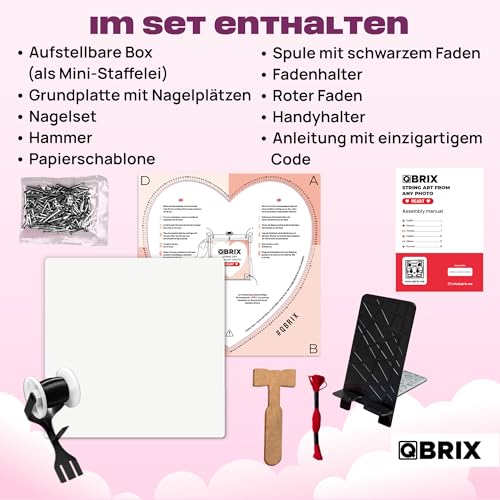 QBRIX Herz – String Art Fadenbild DIY | personalisiertes Geschenk | eigenes Foto als Garnbild | Wunschmotiv | Wandbild (Herz Form 50×50 cm)
