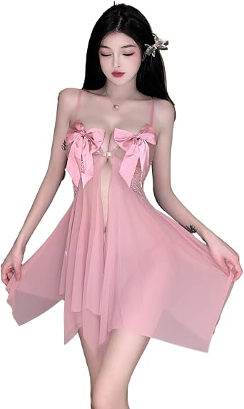 GRAYDREAM Lingerie for Women Sexy Naughty,hollow See-through Bow Slit Backless Passion Mesh Nightgown T-pants Two-piece Set